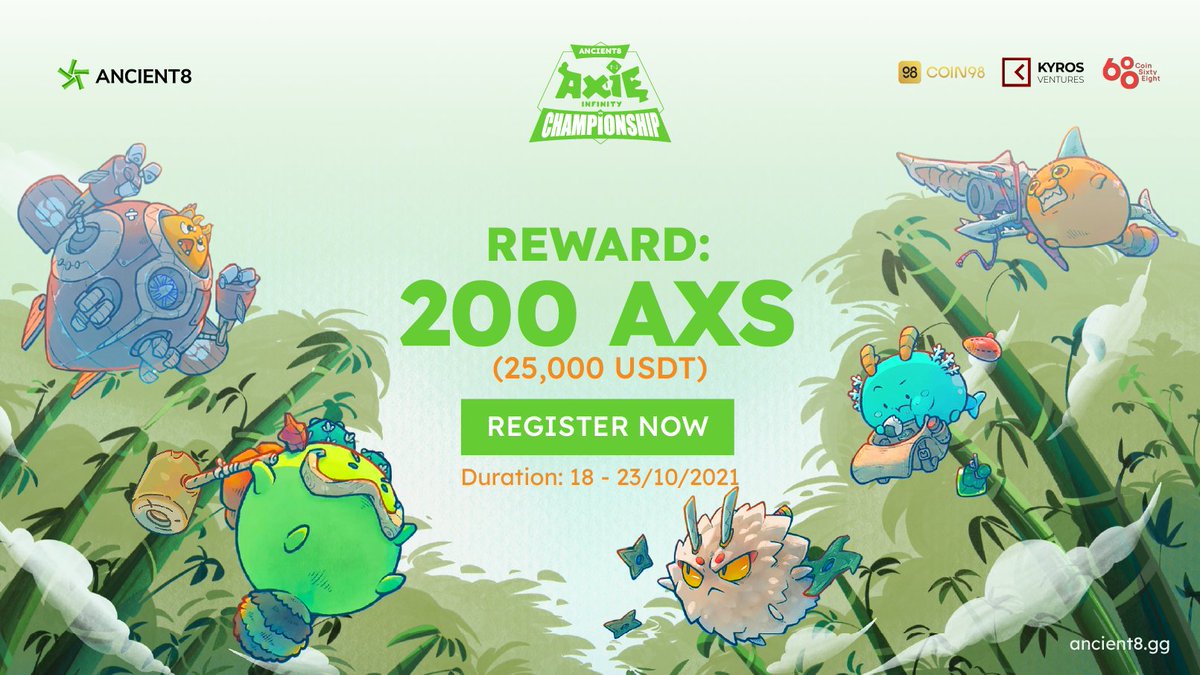Ancient8_gg's tweet photo. 🚀Ancient8 kicks off the first-ever Axie Infinity VN Championship with 2️⃣0️⃣0️⃣ $AXS prize pool!
Co-hosted by @coin98_finance, @KyrosVentures &amp; @coin68 aspires to bring the most fascinating battles for all Vietnamese @AxieInfinity players 🇻🇳

🤜Register now https://t.co/3hXuED40KI https://t.co/1fbIfjgI12