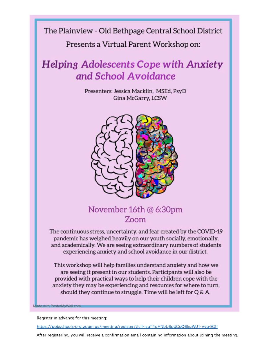 GuidancePob's tweet photo. SAVE THE DATE: November 16, 6:30p, VIRTUAL Parent Workshop on 'Helping Adolescents Cope with Anxiety and School Avoidance' presented by our own @JMacklinPOB and Gina McGarry! See the flyer for more information and registration! @POBJFK @marytomeara https://t.co/sbcCq9QtQY