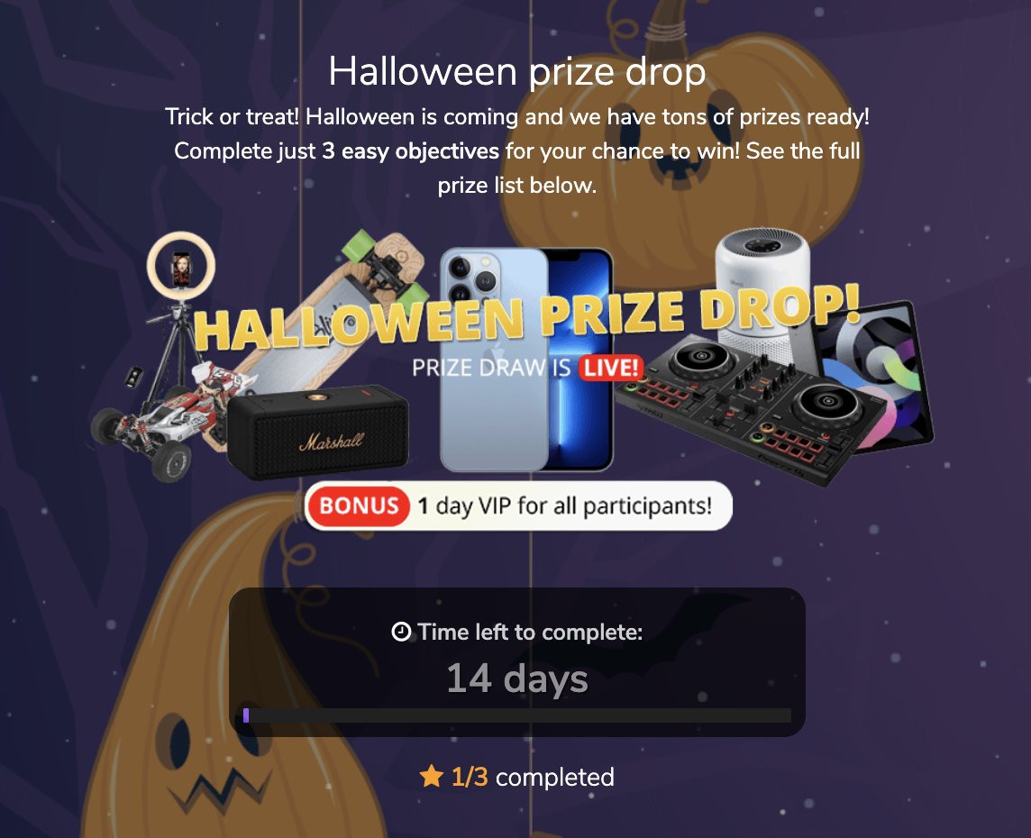Another prize drop - while we're waiting for Halloween. 10 cool prizes + 15 cash bonuses are waiting for you!