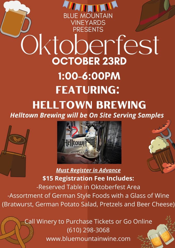 HelltownBrewing's tweet photo. OKTOBERFEST October 23 presented by @BlueMtWinery, featuring Helltown.

$15 Registration:
- Reserved table in Oktoberfest area
- Assortment of German Style foods with a glass of wine (Bratwurst, German Potato Salad, Pretzel and Beer Cheese)

https://t.co/NMJbE0nSe3 https://t.co/8tB4HoeSqx