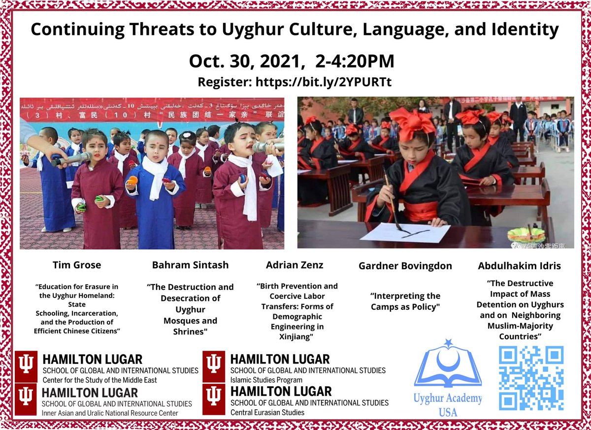 iaunrc's tweet photo. "Continuing Threats to Uyghur Culture, Language, and Identity”, organized by #UyghurAcademyUSA, #IndianaUniversity’s Center for the Study of the Middle East, the Islamic Studies Program, the Central Eurasian Studies Program, and the #IAUNRC.
https://t.co/7kdwe2LEdN https://t.co/yRcGBRt2wy