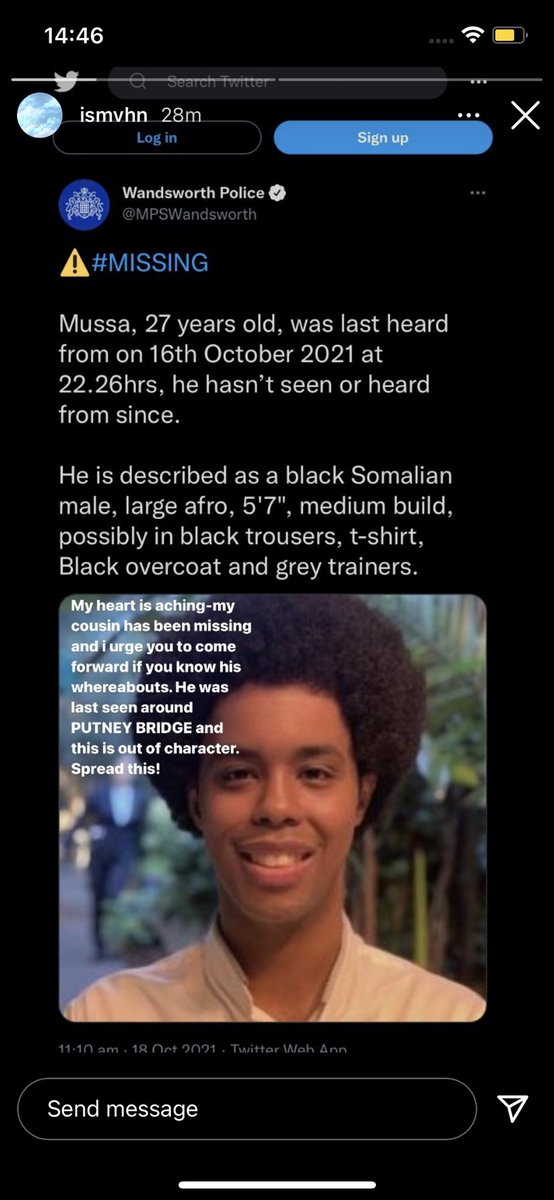 3sa3ri3a's tweet image. Mussa is missing and was last seen around the Putney Bridge area! This is completely out of character, please share everywhere!!!!