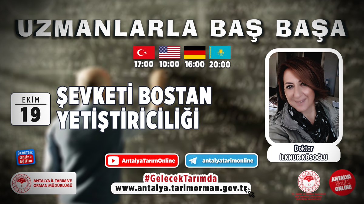 #UzmanlarlaBaşBaşa-104

#CANLI

<a href="/Egetarimsal/">Ege Tarımsal Araştırma Enstitüsü Müdürlüğü</a>'dan

Araştırmacı Dr. İlknur Kösoğlu ile

🔹 Şevketi Bostan Yetiştiriciliği

Grup için ;

chat.whatsapp.com/KnTWv5CBz1U9qk…

#GelecekTarımda
#TarımAntalyada

#AntalyaTarımOnline

<a href="/gokhankaraca_/">Gökhan Karaca</a>  <a href="/ersinyazici1/">Ersin YAZICI</a> <a href="/bekirpakdemirli/">Dr. Bekir Pakdemirli</a> <a href="/TCTarim/">T.C. Tarım ve Orman Bakanlığı</a>