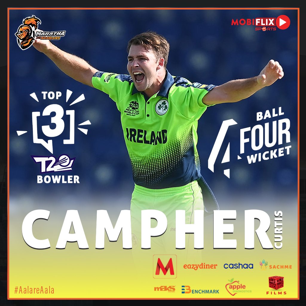 Wooooahhh !! 4⃣ balls  4⃣ wickets, phew. An achievement🔥 of a true champion and that too at the highest level of cricket. <a href="/MarathaArabians/">Maratha Arabians</a> is proud😇 to have <a href="/curtis_campher/">Curtis campher</a>  in our team in <a href="/T10League/">T10 Global</a>  Season 5.👏