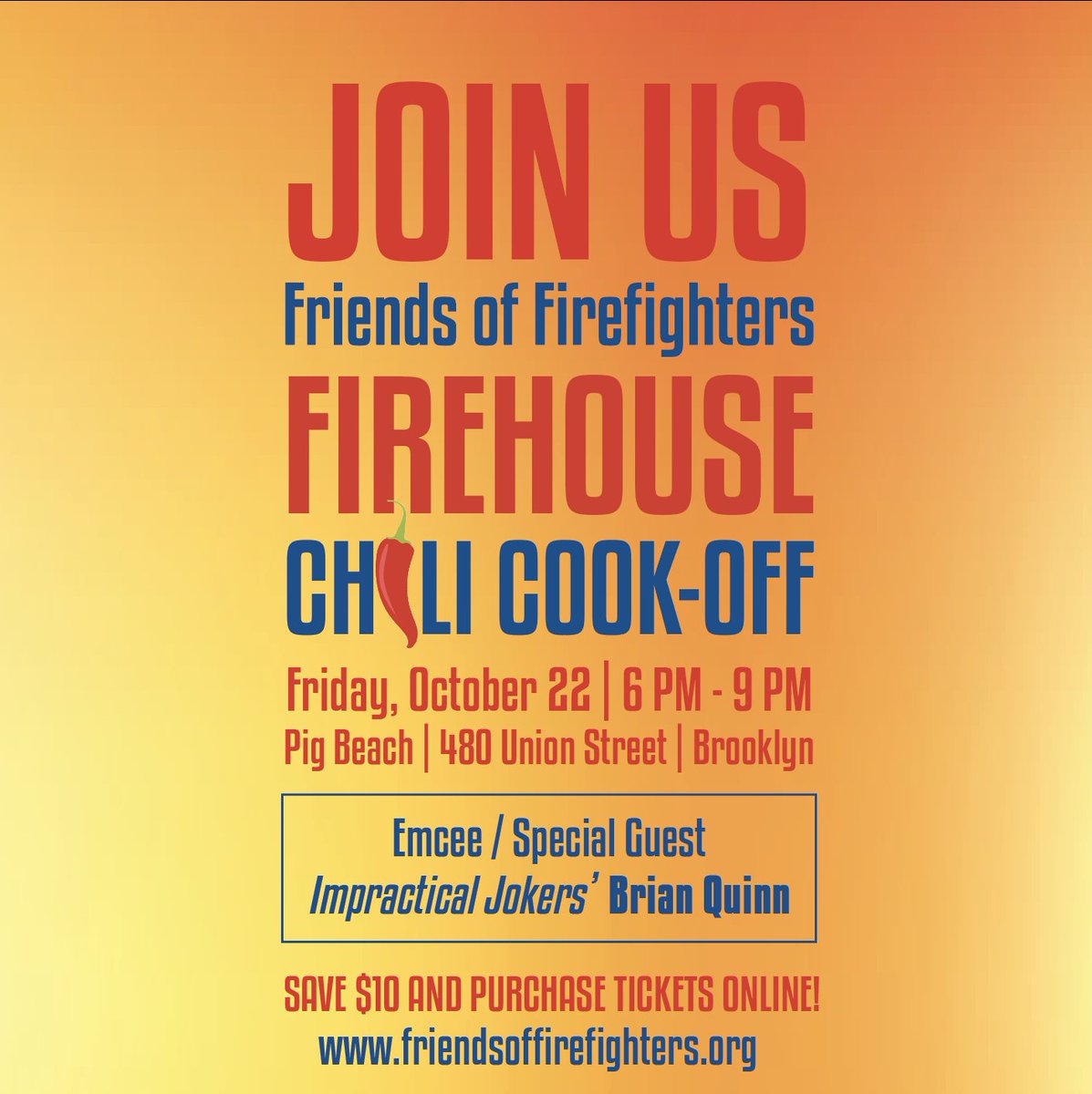 Join @FriendsOfFF this Friday 10/22 6-9 PM at Brooklyn's @PigBeachNYC for the annual #FirehouseChiliCookOff with special guest emcee @BQQuinn! Help support the #mentalhealth and #wellness needs of #NYC #firefighters and their families. Tickets on sale at friendsoffirefighters.org.