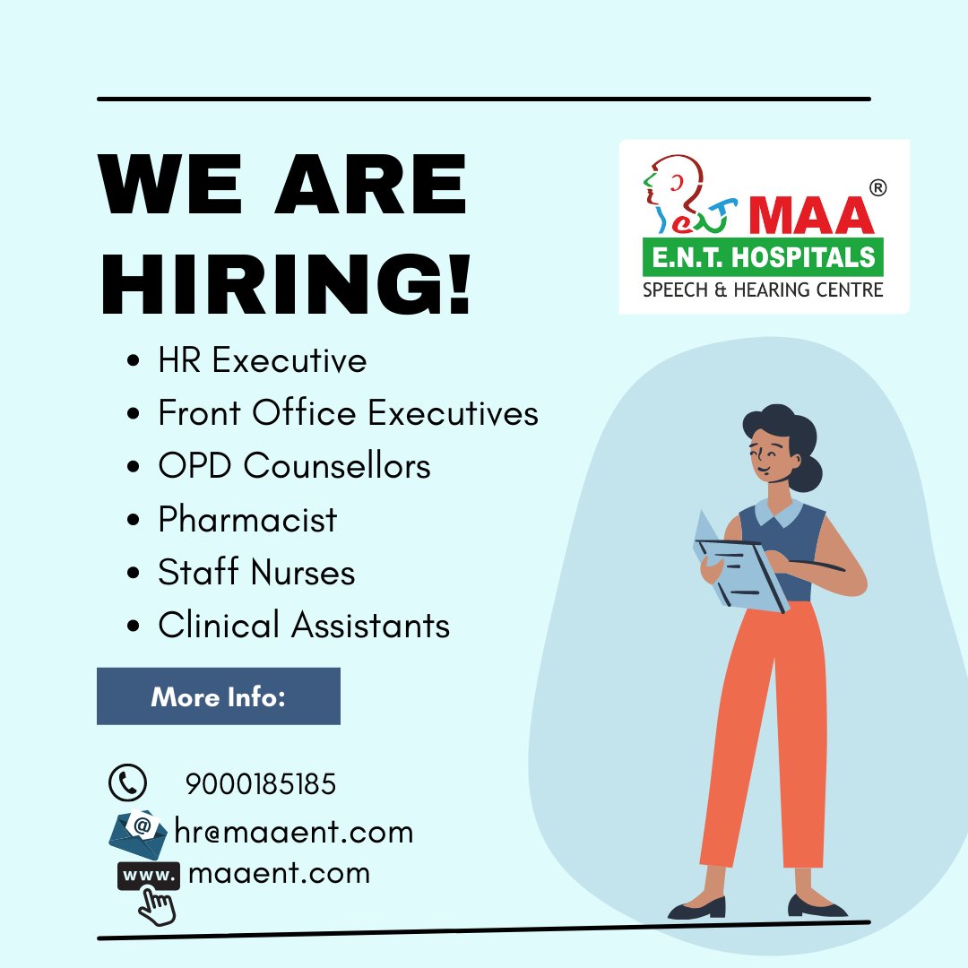 MaaAids's tweet photo. We are Hiring!.  
- HR Executive.
- Front Office Executives.
- OPD Counsellors
- Pharmacist
- Staff Nurses
- Clinical Assistants
Drop your resumes at hr@maaent.com 
#HIRINGNOW #MAAhospitals #Maaent https://t.co/fYGcaPJsBG