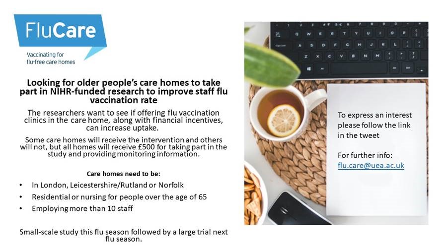 Are you a care home looking to improve your staff flu #vaccination rates? Older people’s care homes needed for research study. £500 participation payment. Click here to express interest norwichcrtu.uea.ac.uk/redcap/surveys….  Please RT