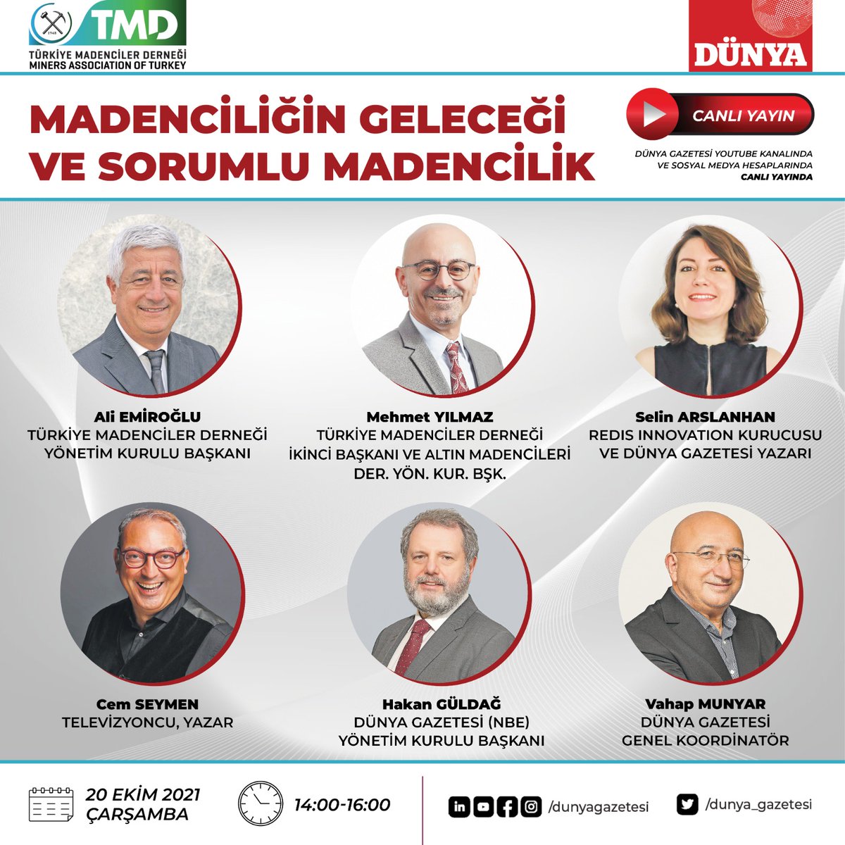 TMD Yönetim Kurulu Başkanı Ali Emiroğlu ile TMD İkinci Başkanı Mehmet Yılmaz’ın konuk olacağı “Madenciliğin Geleceği ve Sorumlu Madencilik” webinarı 20 Ekim 2021 tarihinde, 14.00 – 16.00 saatleri arasında gerçekleştirilecek.  #sorumlumadencilik
youtu.be/-dVRFM399TM