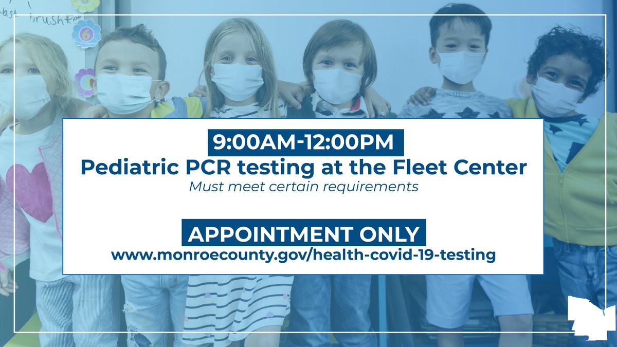 CountyExecBello's tweet photo. Attention parents of school-aged children (ages 4-19): Appointments are now open for rapid PCR tests at the Monroe County Fleet Center on Paul Rd. Results are ready in hours, not days. This is appointment-only for children enrolled in K-12 schools. Visit https://t.co/eX703ILDK8 https://t.co/529oufOzzM