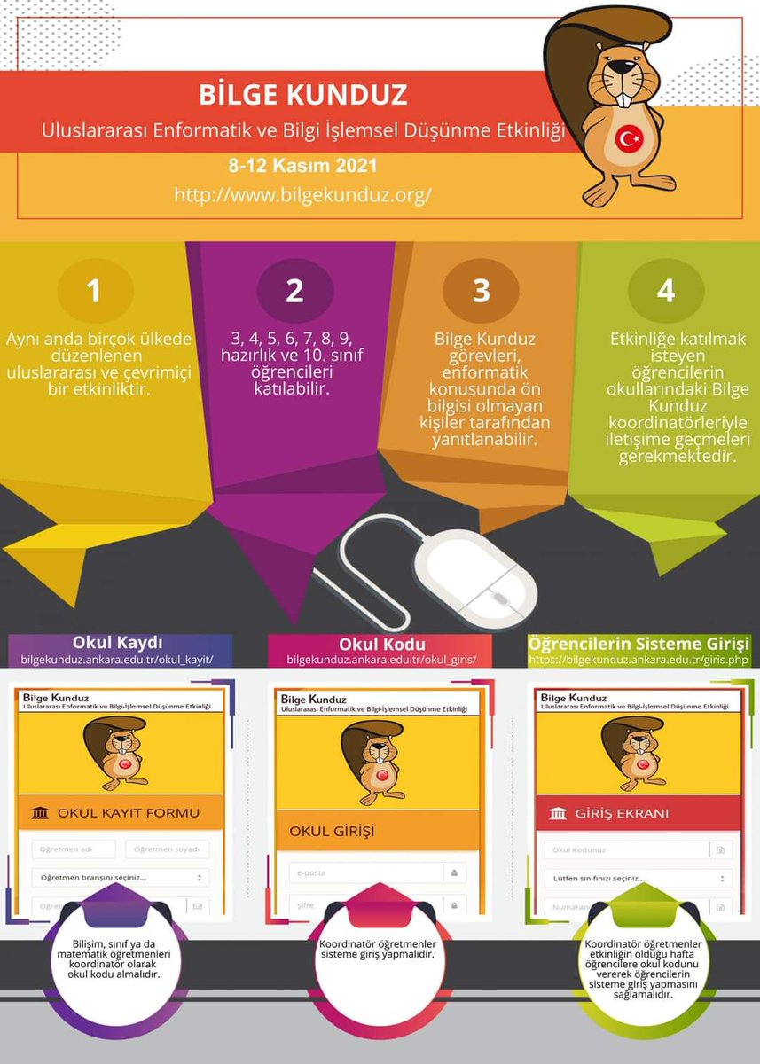 2021 Bilge Kunduz Etkinliği Başlıyor!
8-12 Kasım 2022 haftasında 3, 4, 5, 6, 7, 8, 9, 10. sınıf öğrencileri ile hazırlık sınıfında okuyan öğrencileri etkinliğe katılmaya davet ediyoruz.