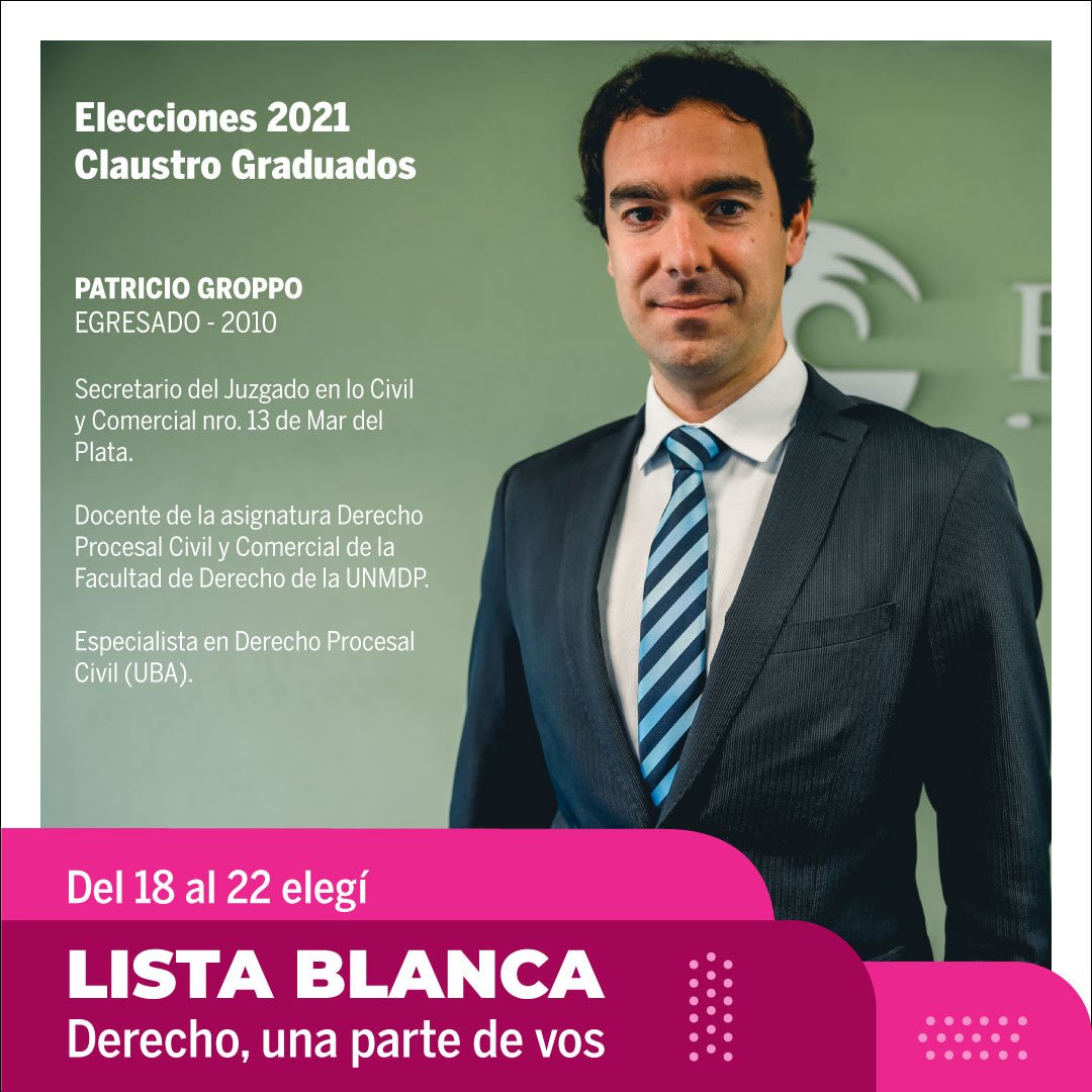 Empezamos una semana que es una fiesta. La fiesta de poder decidir democráticamente. <a href="/patriciogroppo/">Patricio Groppo</a> está en la #listablanca⚪️. Desde hoy y hasta el viernes te esperamos para que sumes tu voto!

Derecho, una parte de vos.