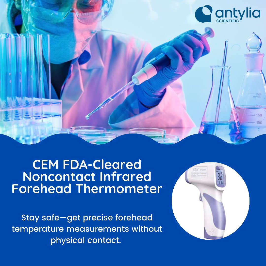 Stay safe and get precise forehead temperature measurements without physical contact with our CEM FDA-Cleared Non-contact Infrared Forehead Thermometer.

Available here: bit.ly/3m9OSR5

#AntyliaScientific #ScienceCantWait