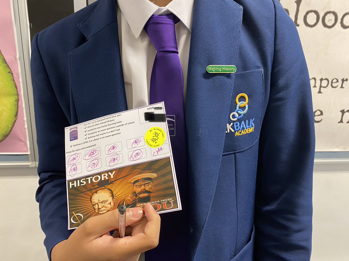 KirkBalkHistory's tweet photo. Well done! Our home learning reward cards are being completed and our #makinghistory badges are now being achieved and worn! @NET_History https://t.co/2tUnL2QYve