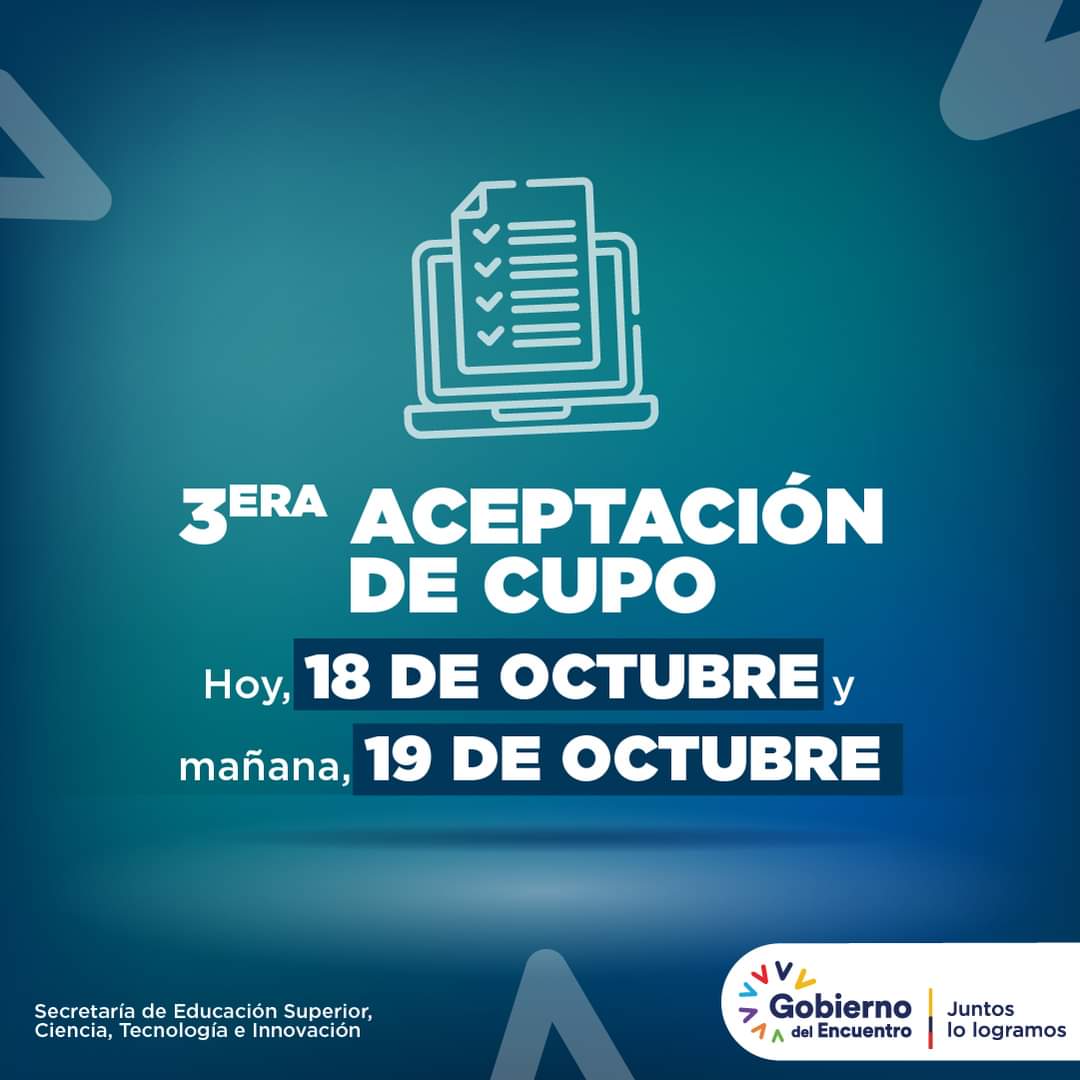 ITSQuininde's tweet photo. ¡ATENTO!
 
A partir de hoy se realizará la tercera aceptación de cupo.
 
👉 Recuerda, los cupos se asignan en función de:
 
✅ Puntaje de postulación.
✅ Cupos disponibles en cada carrera.
✅ Tu elección libre y voluntaria.
 
#JuntosLoLogramos https://t.co/kOxtzSna28