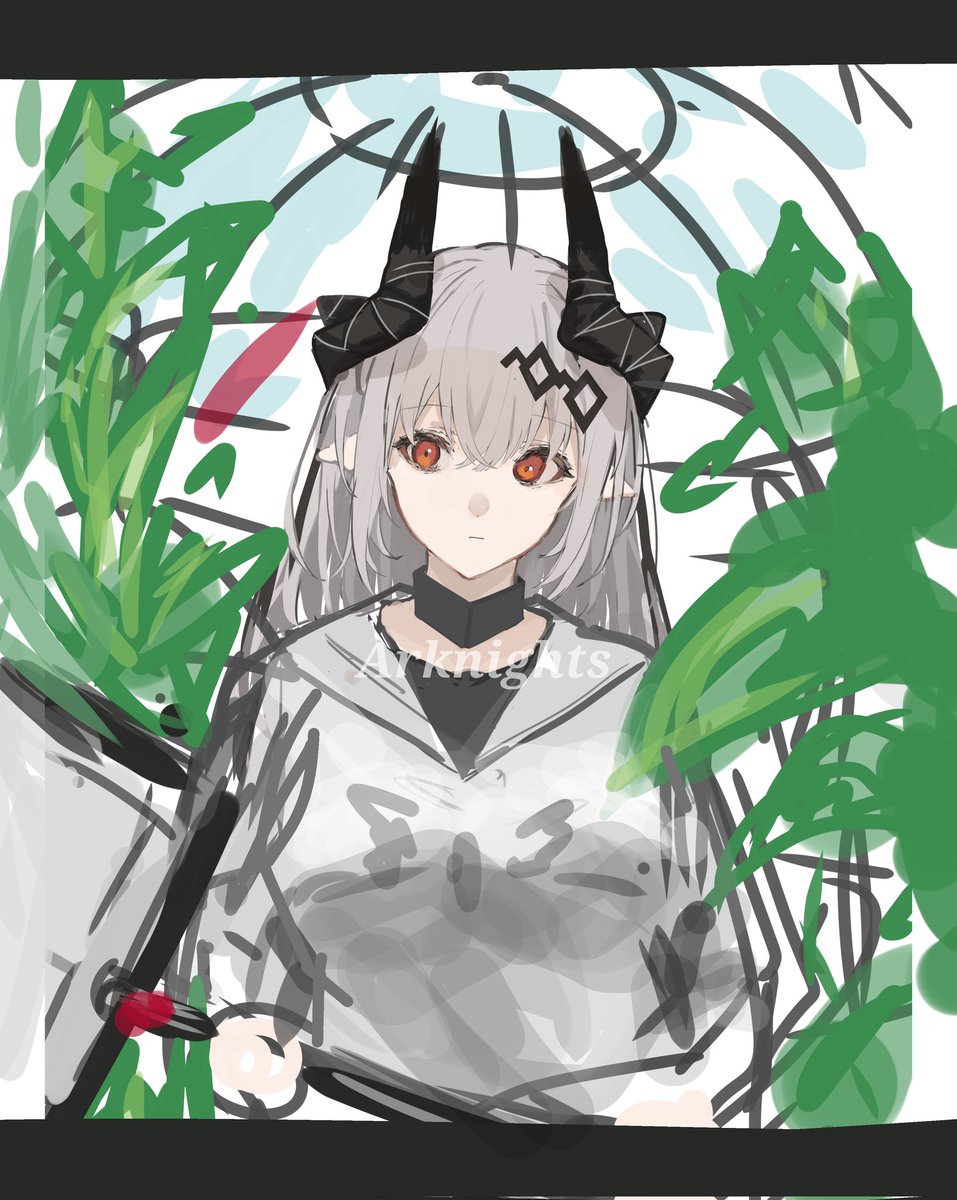 mudrock (arknights) 1girl horns solo pointy ears long hair red eyes grey hair  illustration images