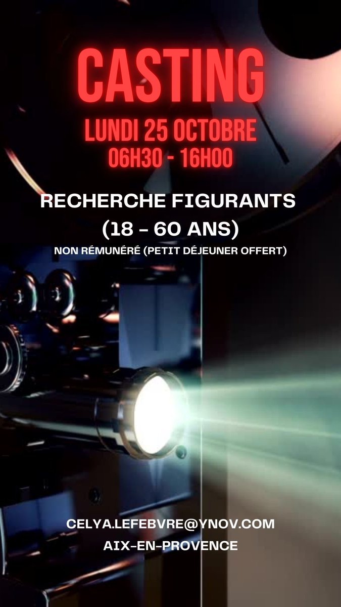 celyalfb's tweet photo. À l'issu d'un tournage scolaire, nous recherchons des figurants (18-60ans) afin d'être figurants.

Lieu de tournage: Aix-en-Provence.
RDV 06h30

Non rémunéré
!! Petit déjeuner OFFERT !!

PARTAGEZ SVP
#casting #tournage #aixenprovence #étudiant #audiovisuel #cinema #projet #acteur https://t.co/PrvFPm3wpc