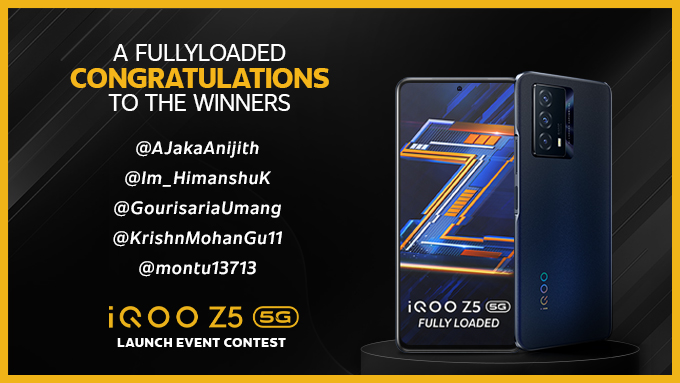 IqooInd's tweet photo. The results are out. Here are the lucky winners of the iQOO Z5 Launch event contest.
A big congratulations to all the winners for winning #iQOOZ5
Stay tuned for more such interesting giveaways!
#Z5FullyLoaded #iQOO https://t.co/RdYrAea8Ui