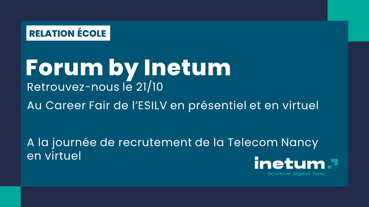 inetum_fra's tweet photo. [#RelationsÉcoles] Retrouvez nos équipes #recrutement le 21 octobre au forum présentiel et virtuel de l'ESILV, ainsi qu'à la journée de recrutement en virtuel de la Telecom Nancy.

#relationsecoles #stage #etudiants #positivedigitalflow https://t.co/W1jFWuPpSl