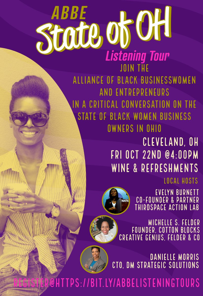 If you are a Black women business owner, join TSAL Co-Founder and CEO <a href="/evburnett/">Evelyn Burnett</a> in conversation with other Black businesswomen &amp; entrepreneurs about what's going on with you and your business. Join us on 10/22 at 4PM!
<a href="/ABBE_Ohio/">ABBE OHIO</a> 
Register here: eventbrite.com/e/abbe-state-o…