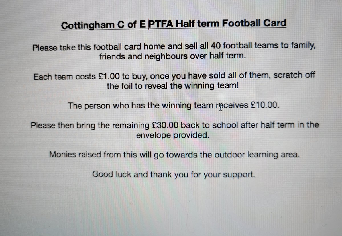 ⚽ Who fancies completing a football card on behalf of the PTFA over half term? We only have a limited number available. Send us a pm if you're interested and we'll get one to you. ⚽