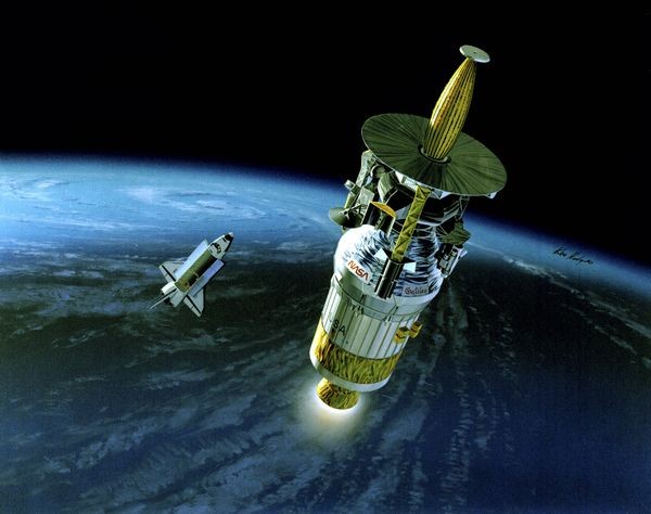 Rendering of Galileo spacecraft flying away from space shuttle