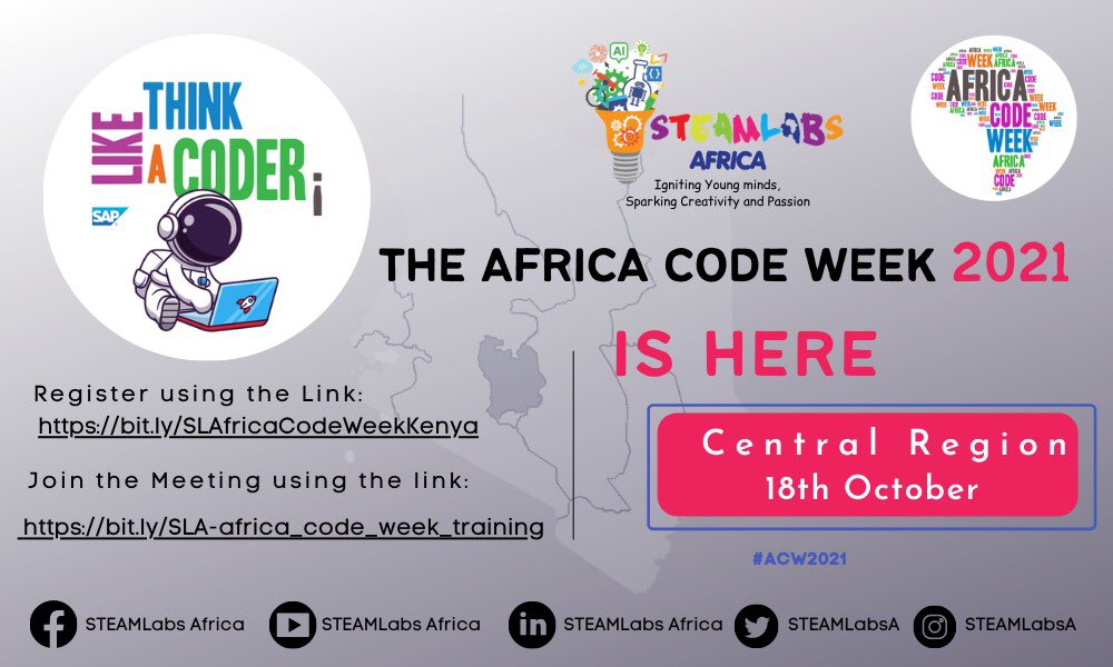 wearesteamlabs's tweet image. Exactly two hours to our @AfricaCodeWeek Training in Central  Kenya Region.
@AcwKenya 
Register! Register!bit.ly/SLAfricaCodeWe…
#africacodeweek2021
#ThinklikeaCoder