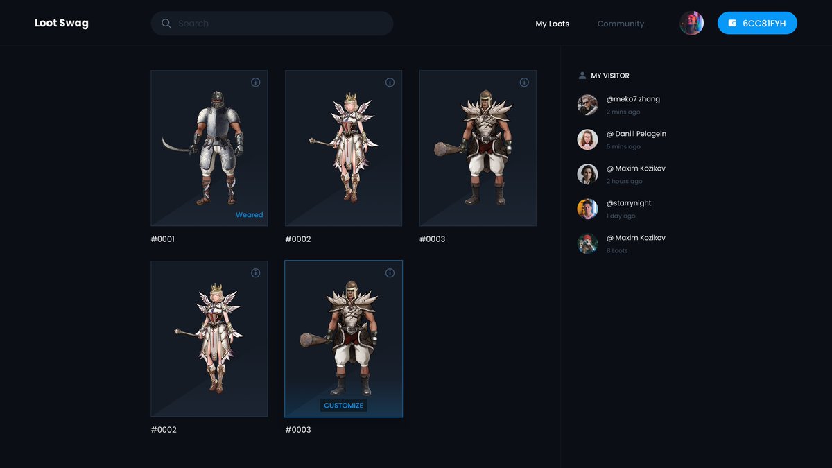 Loot Swag 2.0 (coming soon)
 - Supports display for multiple loot avatars
 - Supports Genesis Adventures
 - Introducing female characters
 - Bundle nicknames with ETH address
 - More skin options
 - opensource API for loot exchange 
 - And more ... 😍

<a href="/lootproject/">Loot</a>