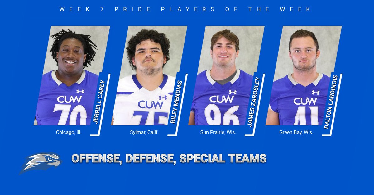 CUWFB's tweet photo. Week 7 PRIDE and Scout Players of the Week!

OL Jerrell Carey
OL Riley Mendias
DL James Zarosley
OLB Dalton Lardinois 
TE JT Axelrod 
WR Jamarion Collins
OLB Jacob Totten
LB Michael Joshua Jr.
DB Alex Steele

#CUDub #PRIDE 🔵⚪️ https://t.co/welssoL5vM