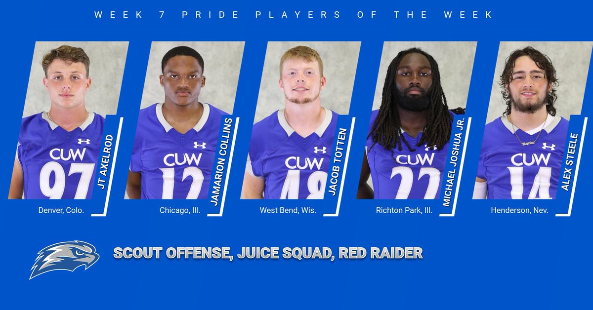 CUWFB's tweet photo. Week 7 PRIDE and Scout Players of the Week!

OL Jerrell Carey
OL Riley Mendias
DL James Zarosley
OLB Dalton Lardinois 
TE JT Axelrod 
WR Jamarion Collins
OLB Jacob Totten
LB Michael Joshua Jr.
DB Alex Steele

#CUDub #PRIDE 🔵⚪️ https://t.co/welssoL5vM