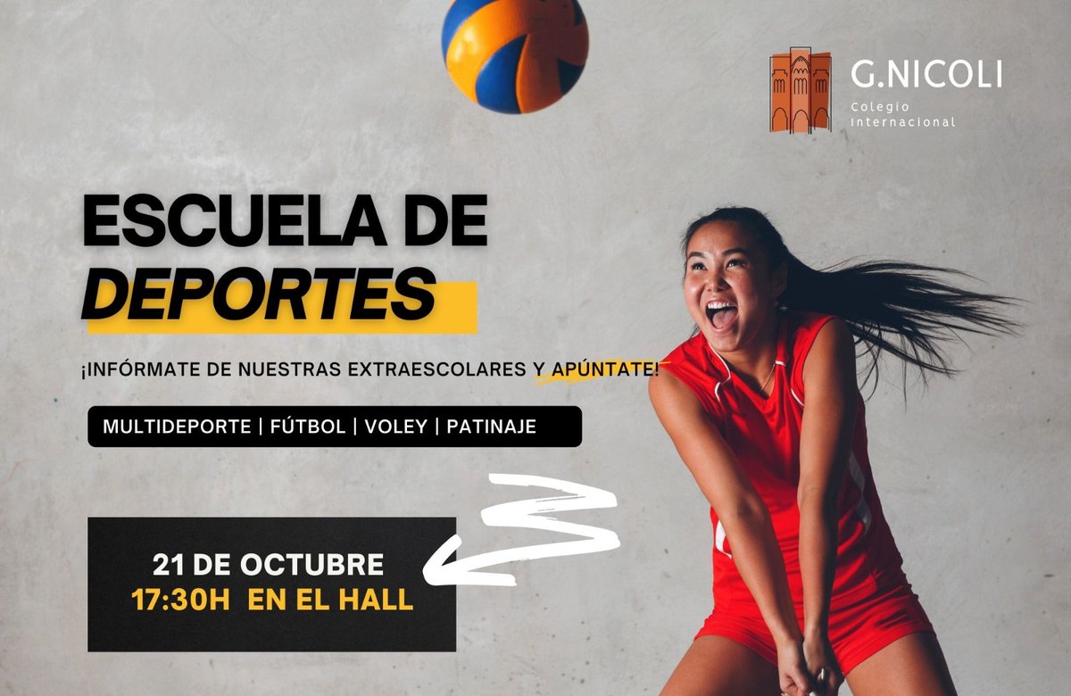 ColegioNicoli's tweet photo. Este jueves 21 de octubre a las 17:30h la Escuela de Deportes del #ColegioNicoli celebra una reunión informativa para explicar sus extraescolares: Multideporte, Fútbol, Voleibol y Patinaje. 

¡Estáis todos invitados, familias ya inscritas y aquellas que quieran conocerlo! https://t.co/CQ1CL36MaU