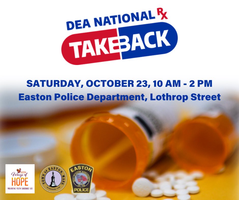 National #TakeBackDay is coming up THIS SATURDAY from 10-2 at the Easton Police Department. Help create a healthier, safer Easton and drop off your unused medications for safe disposal. Sharps will be accepted. This service is free and anonymous, no questions asked.