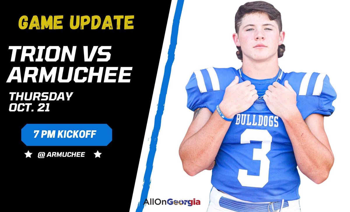 Game Update for <a href="/TrionFootball1/">Trion Football</a>

The Trion v Armuchee region matchup will be played on Thursday night at Armuchee, kickoff will be 7 pm. #playforLinkin <a href="/ColeCavin/">Cole Cavin</a> @KalebP78 <a href="/robDbrown26/">Rob Brown</a> <a href="/B_willbanks33/">brantley willbanks</a>