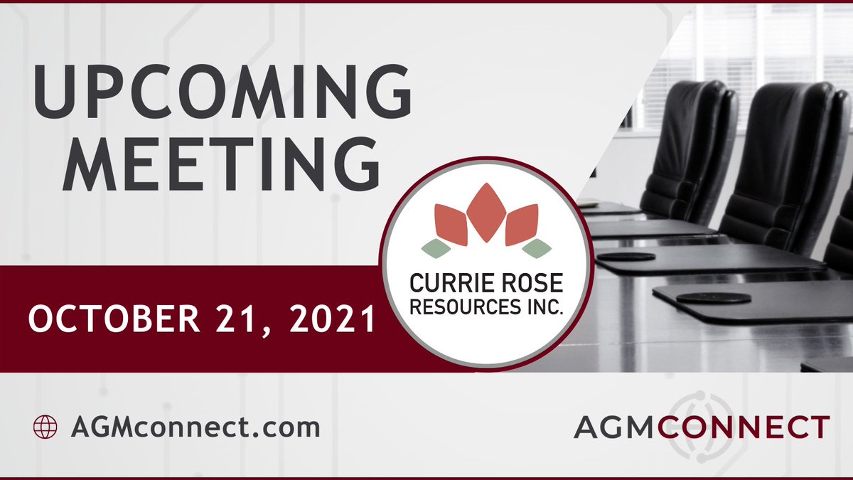 agm_connect's tweet photo. UPCOMING MEETING | Currie Rose Resources Inc. on October 21, 2021
Let AGM Connect take the stress and complications out of organizing your next upcoming meeting
Learn more ➡️ https://t.co/1Kh5dxOyC1
#virtualagm #virtualmeeting #publiccompany #TSX #TSXV #CSE #OTCMarkets https://t.co/PPfk84yF03