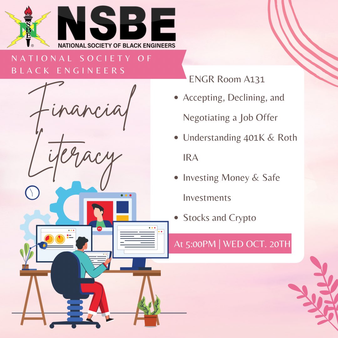NSBESIUC's tweet photo. This Wednesday, we'll be back in the engineering building A131 with an exciting topic about job offers and financial literacy!

”How many millionaires do you know who have become wealthy by investing in savings accounts? I rest my case.” – Robert G. Allen https://t.co/Cn06nsIsvX