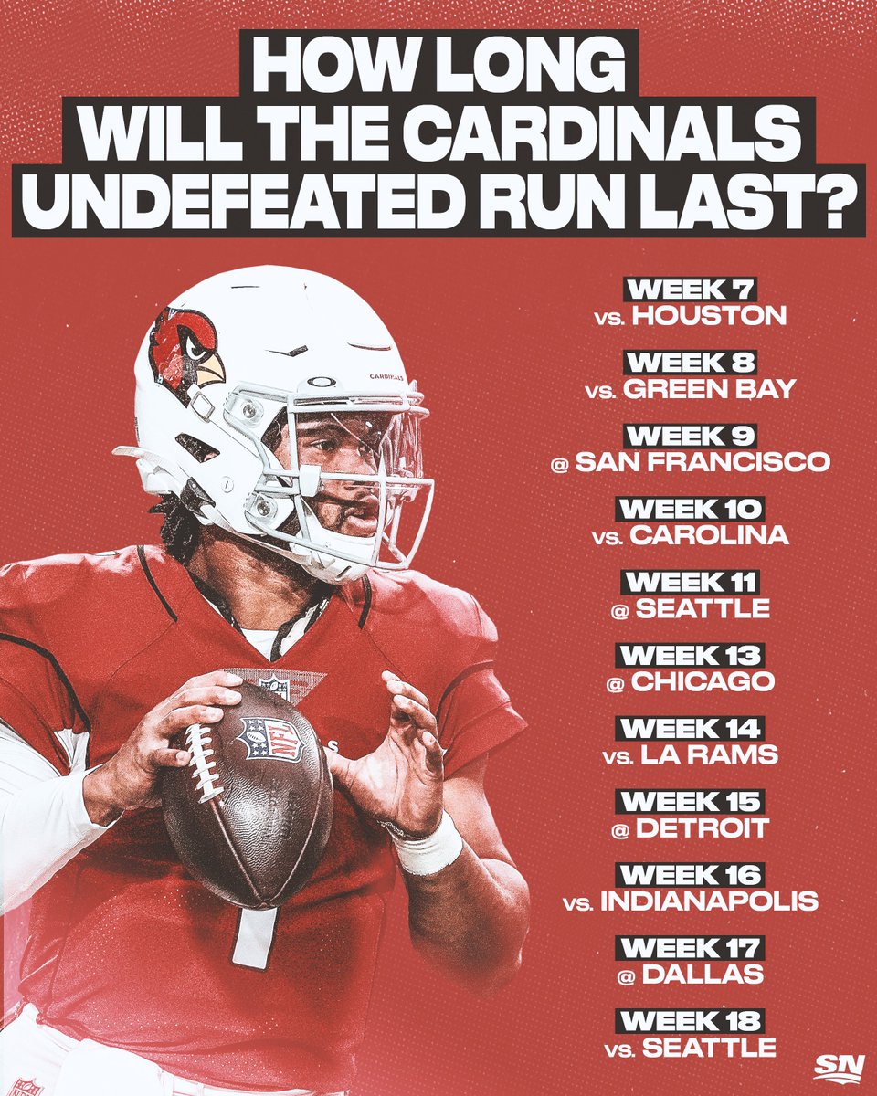 Sportsnet's tweet image. The @AZCardinals are the only undefeated team left in the @NFL. 🏈 

How long will their undefeated streak last? 🤔