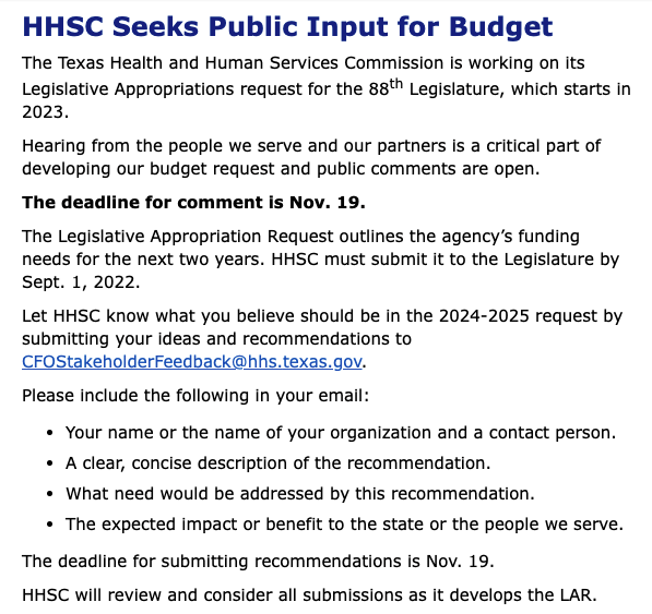 putkids1st's tweet photo. Wow. Here we go. Already time to gear up for the 2023 legislative session.

Texans have a month to submit budget input to HHSC for its next Legislative Appropriations Request. 

#TXlege #TXbudget #TXPN3 https://t.co/RotCsZ6GOS
