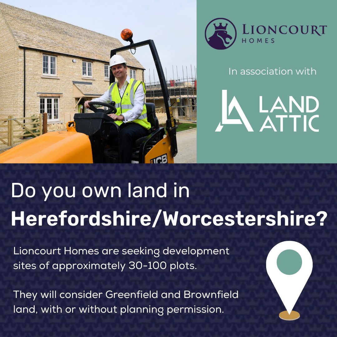 🗺️Do you own land in Herefordshire or Worcestershire? Lioncourt Homes Limited are on the hunt for multiple development sites across the UK, including Herefordshire and Worcestershire regions. 

Contact: rachelcartwright@lioncourthomes.com #landinherefordshire #landworcestershire