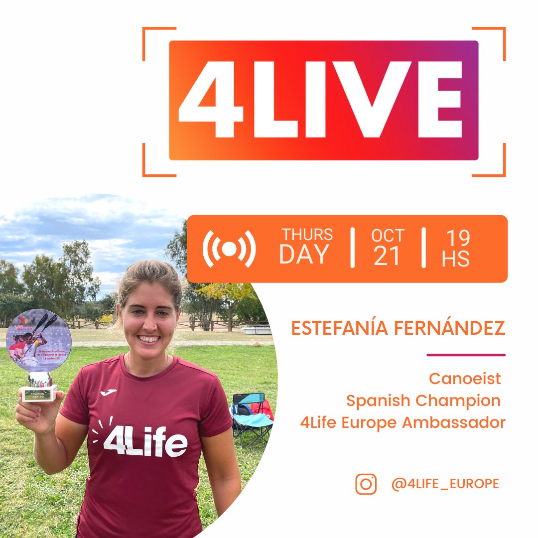 4Life_EU's tweet photo. Don't miss our Instagram Live -in Spanish - this Thursday, 21st October. At 19:00hs CEST, we will have a special interview with Estefanía Fernández, Spanish canoeis, high-level international athlete and 4Life Europe ambassador.
📲 https://t.co/opm7NxV1jD https://t.co/Ai8iHhVJsE