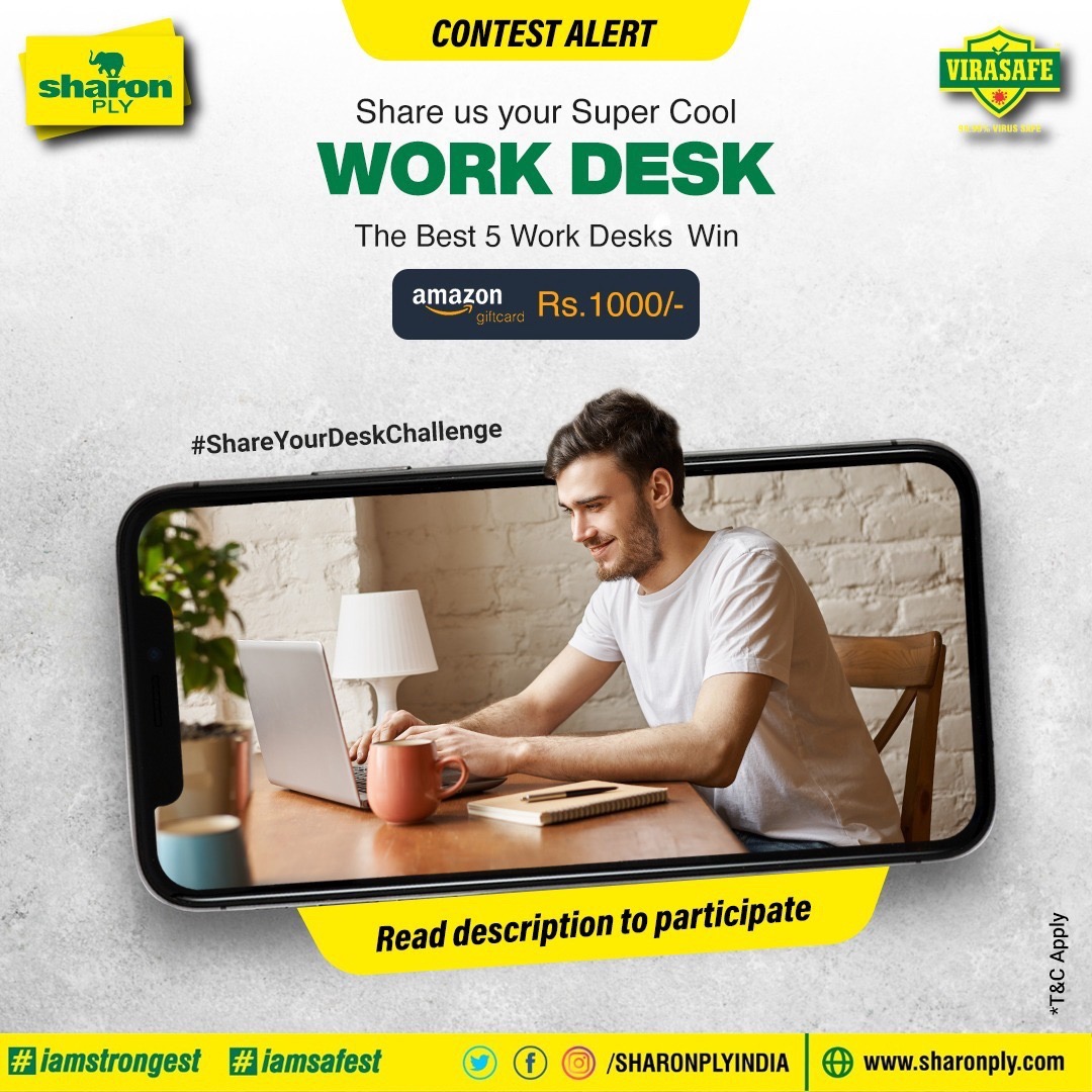 #ShareYourDeskChallenge is an opportunity for you to showcase your workspace and have the chance to win an Amazon gift voucher worth ₹1,000. 
To do:
•Click a picture of your work desk and post it tagging us
•Use the hashtag #ShareYourDeskChallenge