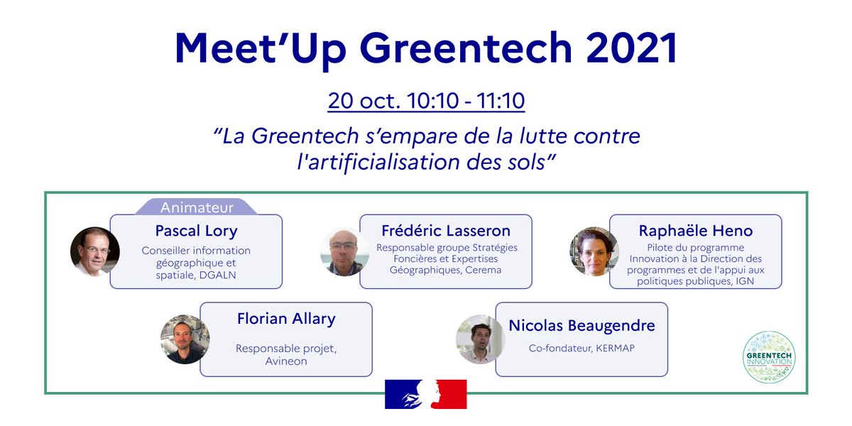 #meetupgreentech 
Lors de cette table ronde, nos experts discuteront les dernières innovations dans la collecte et le traitement de cette donnée, chainon de base pour mieux appréhender et répondre au défi de l'artificialisation.

▶️ Inscriptions gratuites: meetup-greentech2021.vimeet.events/fr/question/188