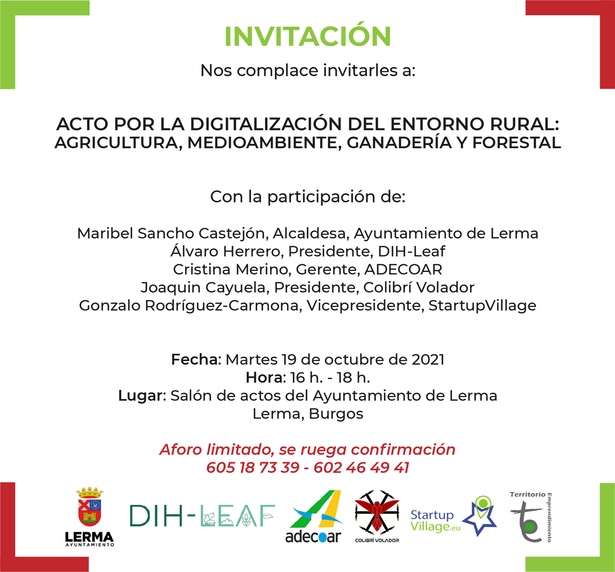 ¡Mañana 19 de octubre a las 16h no te pierdas este conversatorio por la Digitalización del Entorno Rural con diversos agentes del ecosistema público-privado e iniciativas en torno a la digitalización de agricultura, medioambiente, ganadería y forestal!

#startupvillage #lerma