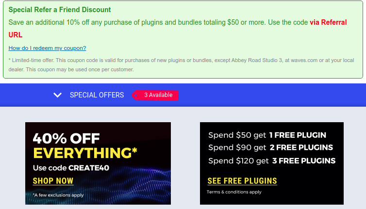 PhasikSound's tweet photo. Heads up Music Makers!

Waves Plugins are at least 40% off w/code CREATE40
Even better:  Stack my referral coupon with that for another 10% off! 
+bonus, get up to 3 free plugins

#musicproduction #beats #daw #musicmakers 
#mixing #mastering #vst #plugin

https://t.co/PwDFuee5rK https://t.co/mvEwNIo3nk
