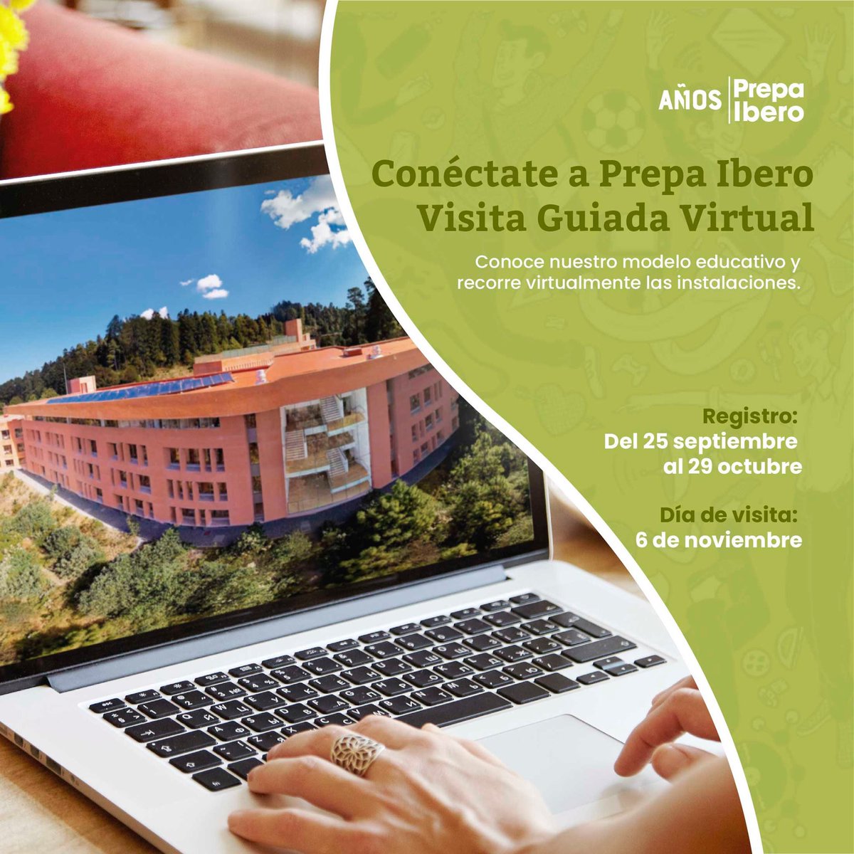 Conéctate a Prepa Ibero a la Visita Guiada virtual del 6 de noviembre.

Participa en el recorrido virtual y conoce sobre intercambios, talleres artísticos y deportivos, idiomas, viajes académicos, tutorías, becas, admisión y más. 

🔗 Regístrate en: bit.ly/VisitaGuiadaPr…