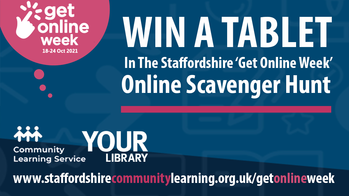 Staffordshire County Council (@staffordshirecc) on Twitter photo It's GET ONLINE WEEK & we're celebrating with a fun #Staffordshire Get Online Scavenger Hunt - in which you could WIN A TABLET!
All you have to do is FIND the 3 'Get Online Week Scavenger Hunt' badges that we've hidden online
staffordshirecommunitylearning.org.uk/getonlineweek
#GetOnlineWeek #DigitalSkills It's GET ONLINE WEEK & we're celebrating with a fun #Staffordshire Get Online Scavenger Hunt - in which you could WIN A TABLET!
All you have to do is FIND the 3 'Get Online Week Scavenger Hunt' badges that we've hidden online
staffordshirecommunitylearning.org.uk/getonlineweek
#GetOnlineWeek #DigitalSkills