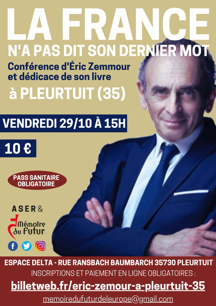 Grande joie de recevoir <a href="/ZemmourEric/">Eric Zemmour</a> à #Pleurtuit le 29/10 pour une conférence et la dédicace de son livre, en partenariat avec @aserstmalo.

Inscriptions : billetweb.fr/eric-zemour-a-…