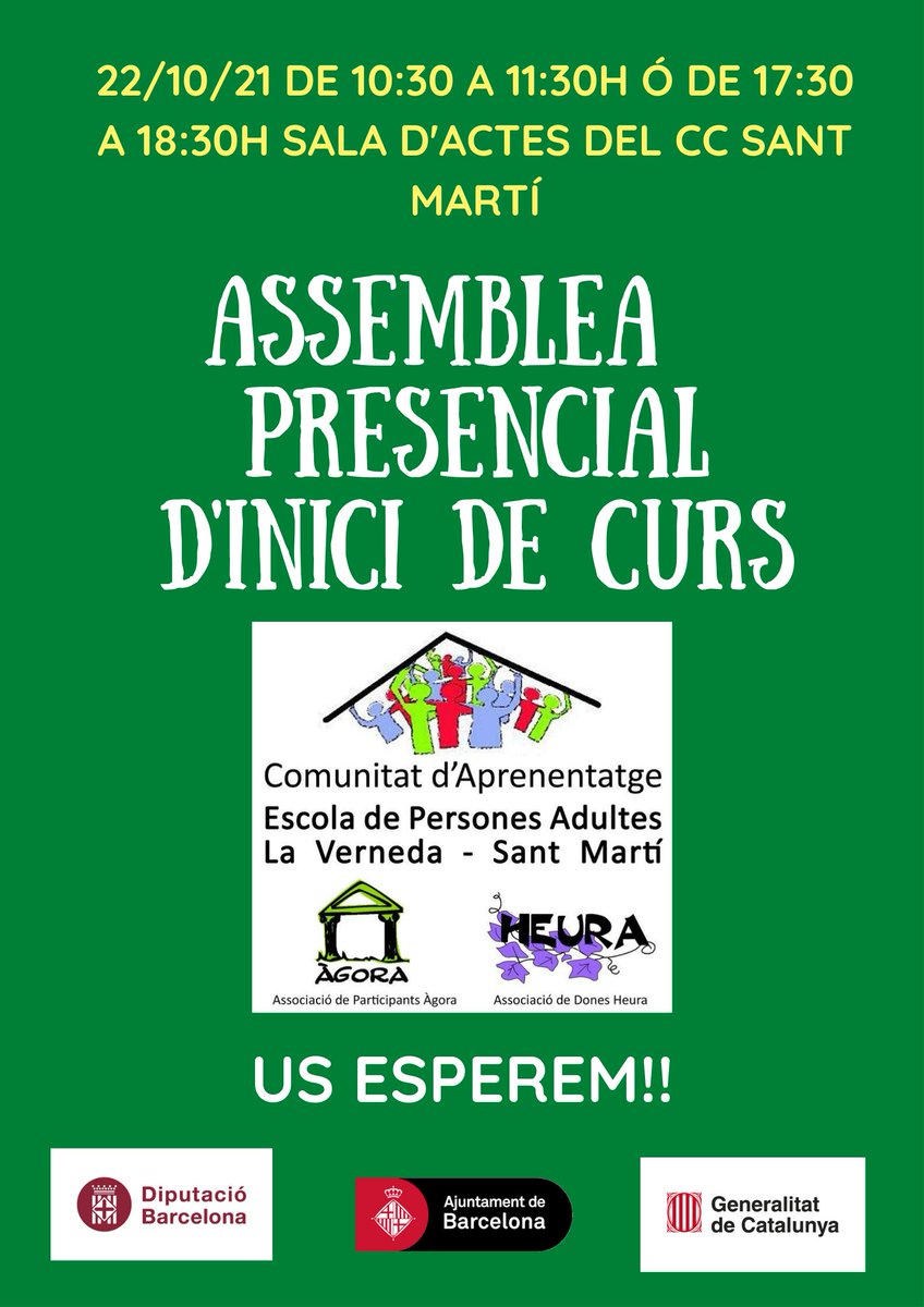PARTICIPA, CONEIX LA TEVA ESCOLA, US ESPEREM!
Podeu participar en l'assemblea en dos horaris de 10:30 a 11:30 h o de 17:30 a 18:30 h.
L'assemblea serà presencialment, amb aforament limitat podeu fer inscripció a la 5a planta o també la podeu fer aquí: forms.gle/78gXPZJhjE8zpk…