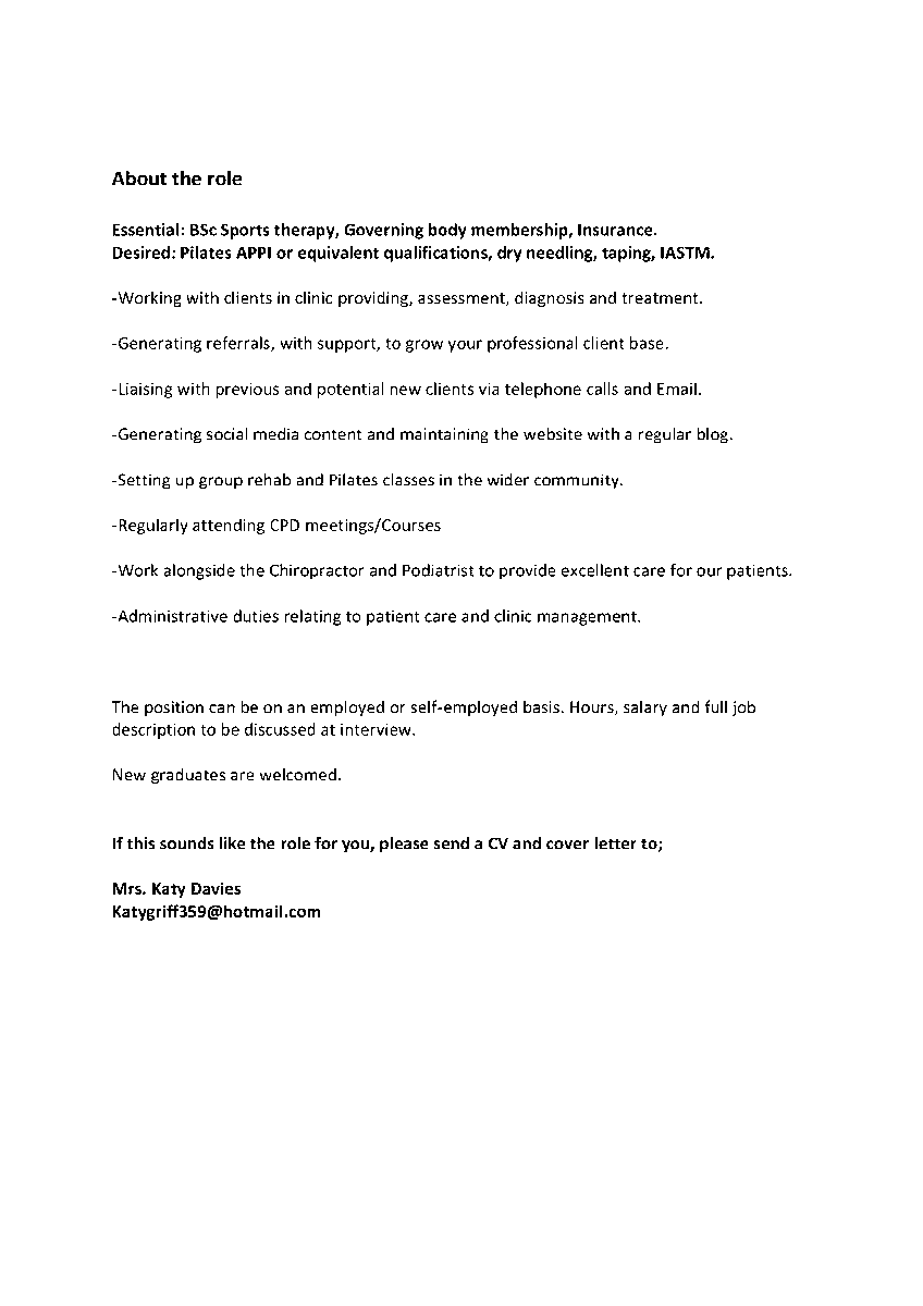 Great opportunity in West Wales for part-time Sports Therapy position for SST graduates - see attached job description