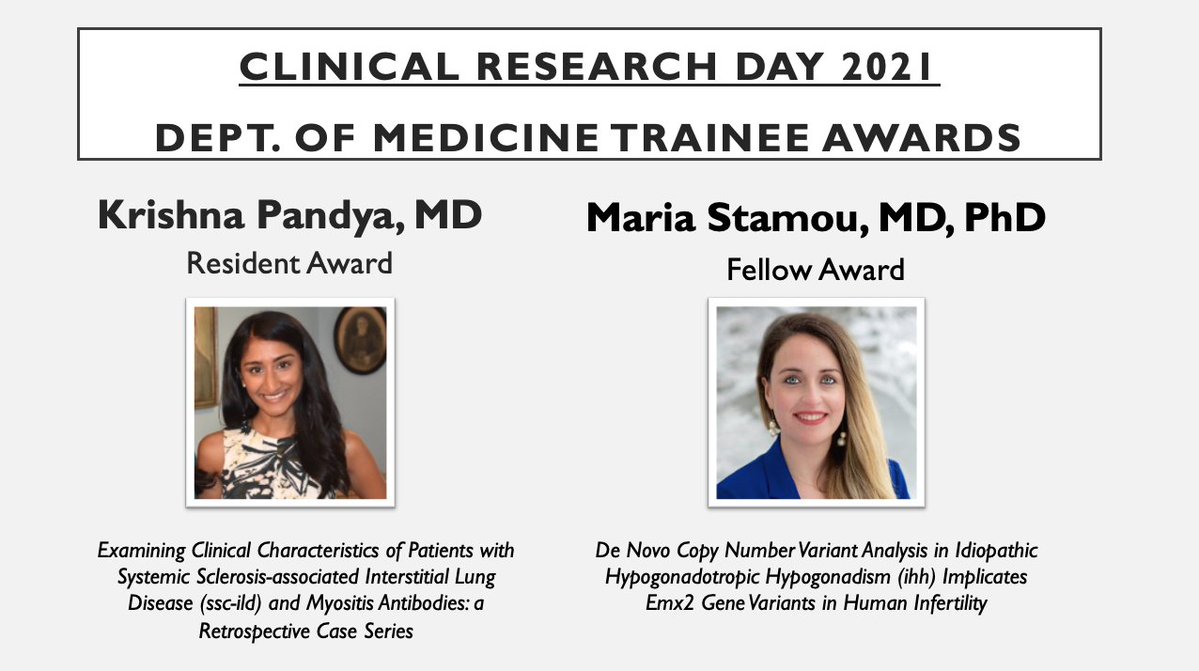 MGHMedicine's tweet photo. Congratulations to the 2021 MGH Clinical Research Day DOM Trainee Award winners, Drs. @KrishnaPandyaMD and @MariaStamou8. https://t.co/QAlgWaHGRp