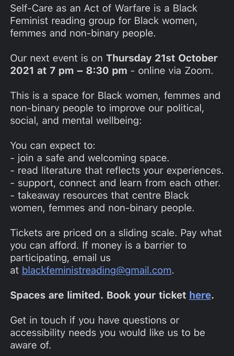 AGoldsmiths's tweet photo. Self-Care as an Act of Warfare is a Black Feminist reading group for Black women, femmes and non-binary people. Our next event is on Thursday 21st October 2021 at 7 pm – 8:30 pm - online via Zoom.This is a space for Black women, femmes and non-binary people to improve wellbeing. https://t.co/BKpyB3OFa3