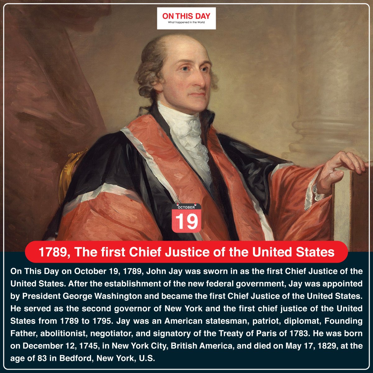 OnThisDayInWor1's tweet photo. #OnThisDay 1789, John Jay was sworn in as the first Chief Justice of the United States
#october19 #doyouknow #historytoday #in1789 #232yeasrago #JohnJay #firstchiefjustice #chiefjustice #firstchiefjusticeJohnJay #chiefjusticeunitedstates #UnitedStates https://t.co/ZjEfNZVSRG